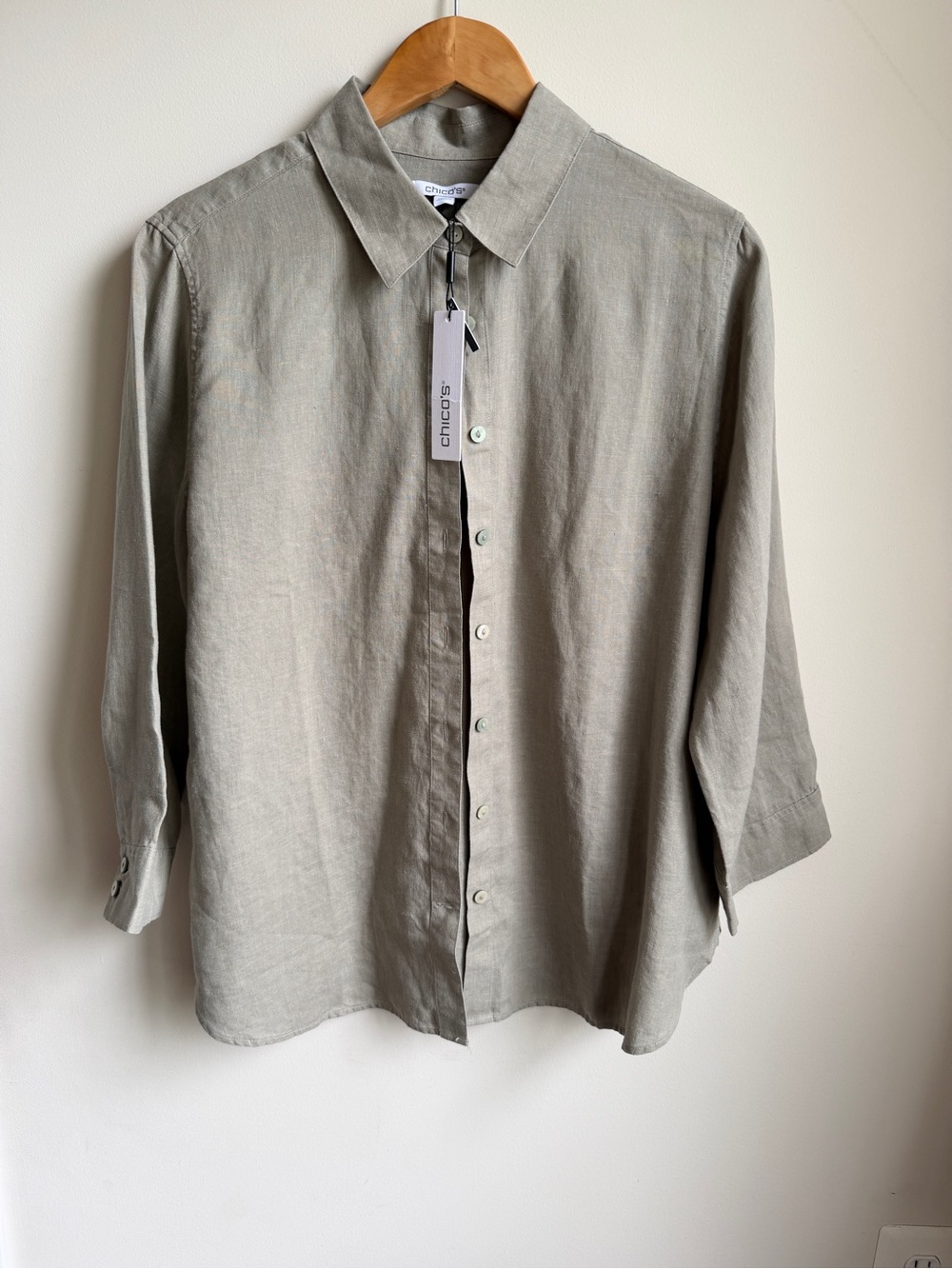 Chicos 100% Linen No Iron Button Down 3/4 Sleeve Shirt Washed Sage New Size 2/12
